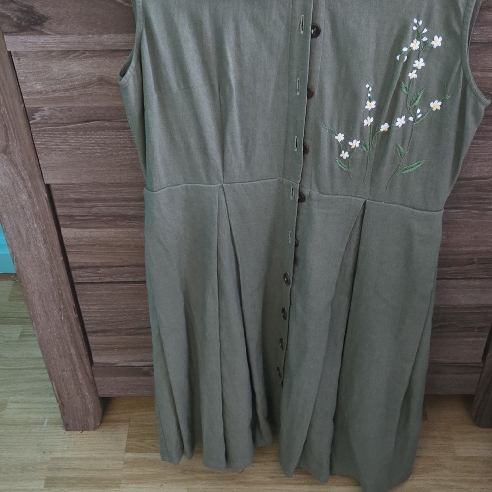 Emsilk Design Hand Embroidered Linen Dress: Olive Green Floral Tea Dress - Picture 8 of 8